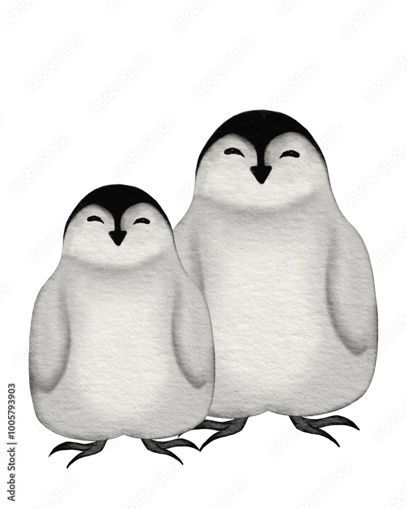 Playful penguin chicks standing together against a white background in a cute illustration Playful penguin chicks standing together against a white background in a cute illustration