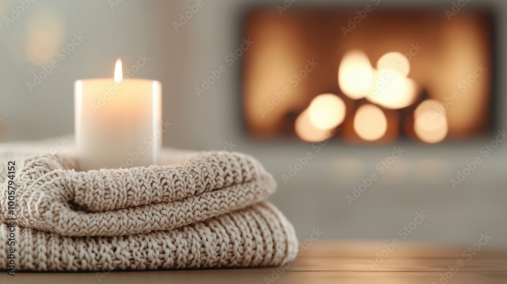 Candle on a cozy knit blanket with a warm fireplace in the background. Candle on a cozy knit blanket with a warm fireplace in the background.