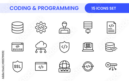 Programming coding set of web icons in line style. Software development icons for web and mobile app. Code, api, programmer, developer, information technology, coder and more.