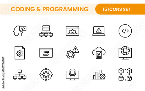 Programming coding set of web icons in line style. Software development icons for web and mobile app. Code, api, programmer, developer, information technology, coder and more.