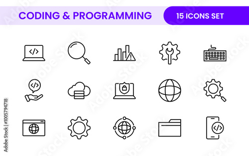 Programming coding set of web icons in line style. Software development icons for web and mobile app. Code, api, programmer, developer, information technology, coder and more.
