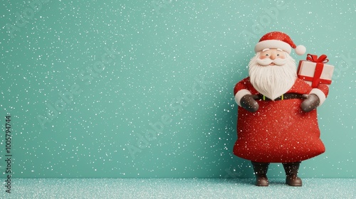 Cheerful Santa Claus holding a gift on a snowy background. photo