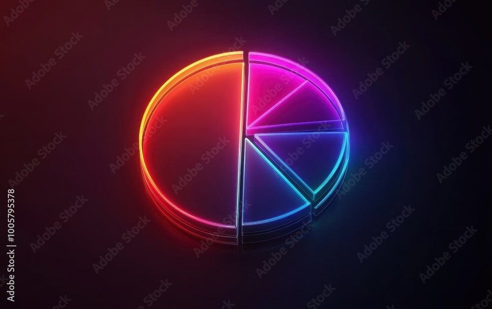 Glowing neon pie chart icon on a dark background, with a glowing light effect and space for the text Glowing neon pie chart icon on a dark background, with a glowing light effect and space for the text