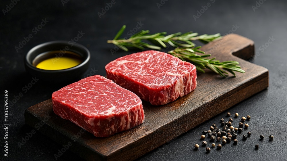 Two raw Wagyu steaks with perfect marbling, lying on a wooden board alongside sprigs of rosemary, whole peppercorns, and a small bowl of olive oil, ready to be prepared Two raw Wagyu steaks with perfect marbling, lying on a wooden board alongside sprigs of rosemary, whole peppercorns, and a small bowl of olive oil, ready to be prepared