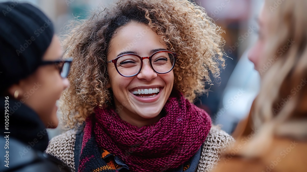 A woman with curly hair and glasses laughs joyfully with friends in the warmth of the outdoors. A woman with curly hair and glasses laughs joyfully with friends in the warmth of the outdoors.