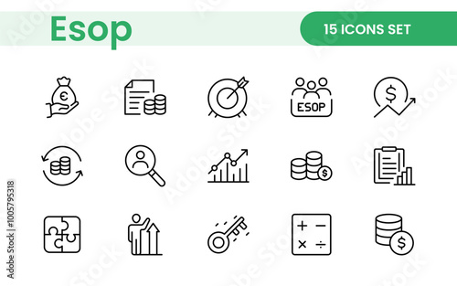 Outline icons about ESOP employee stock ownership plan. Contains such icons as company, win-win, scheme and benefits.