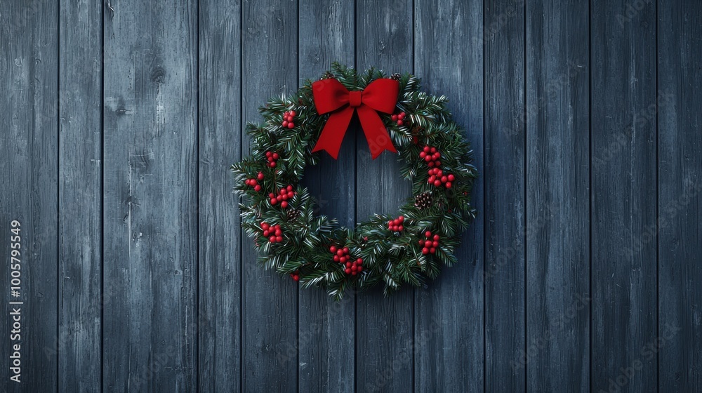 Christmas wreath decorated with red bow on wooden background. Christmas wreath decorated with red bow on wooden background.