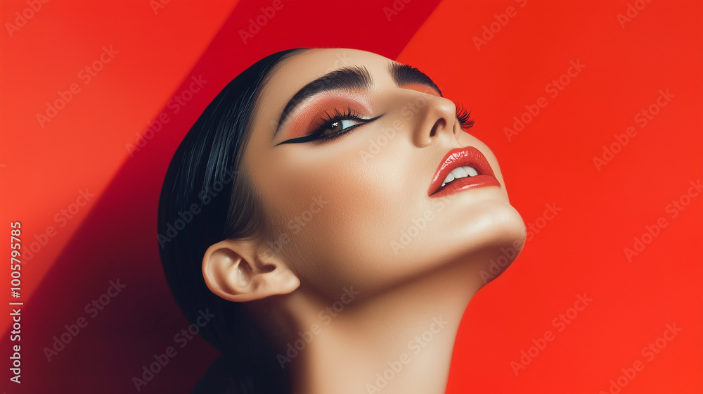 A close-up, eye-level shot of a model’s face with dewy skin, neon graphic eyeliner, full feathered brows, and soft glam makeup. Clean beauty aesthetic with natural highlights and glossy lips. A close-up, eye-level shot of a model’s face with dewy skin, neon graphic eyeliner, full feathered brows, and soft glam makeup. Clean beauty aesthetic with natural highlights and glossy lips.