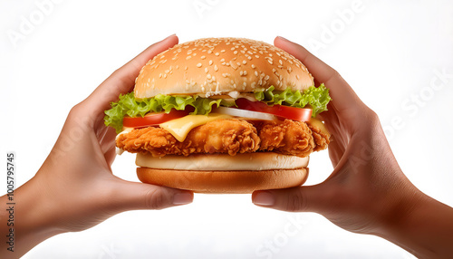 burger in hand studio light white isolated background 