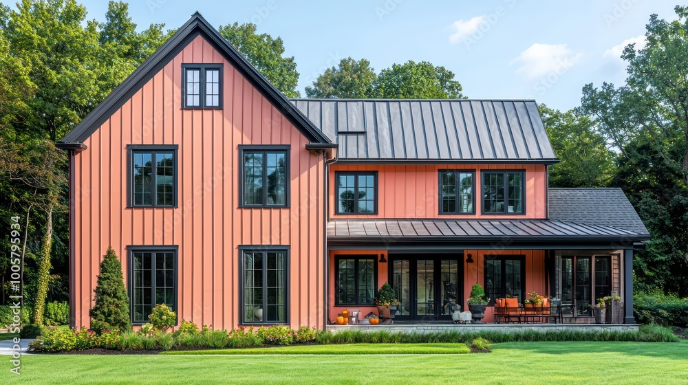 A sleek farmhouse-style home with vertical apricot paneling, coal trim, set on mint green grass and surrounded by mahogany trees for a fresh, elegant vibe A sleek farmhouse-style home with vertical apricot paneling, coal trim, set on mint green grass and surrounded by mahogany trees for a fresh, elegant vibe