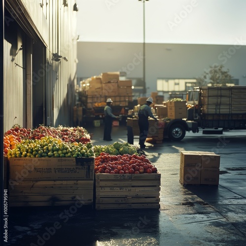 A delivery truck unloading crates of fresh produce at a grocery store's loading dock photo