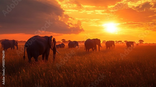 A herd of elephants roaming freely in a vast, protected wildlife reserve, with conservationists observing from a safe distance