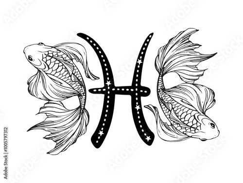 Pisces zodiac sign, line tattoo, two beautiful fish and astrology symbol with stars. Vector engraving stylization, hand drawn illustration isolated on white background.
