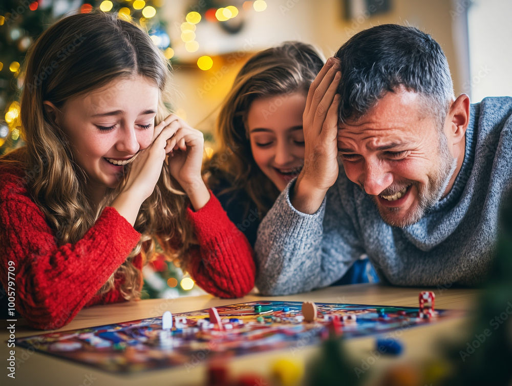 Fototapeta premium Family of mother, father, and two teens playing a board game at home around the table at Christmas