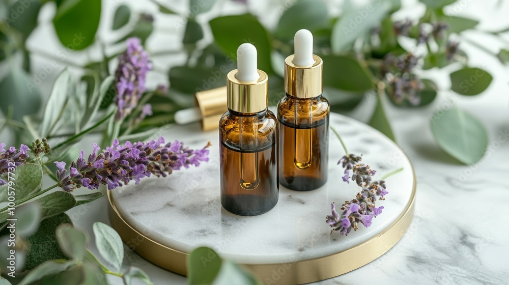 Glass bottles of lavender and eucalyptus essential oils with droppers on a marble tray Glass bottles of lavender and eucalyptus essential oils with droppers on a marble tray