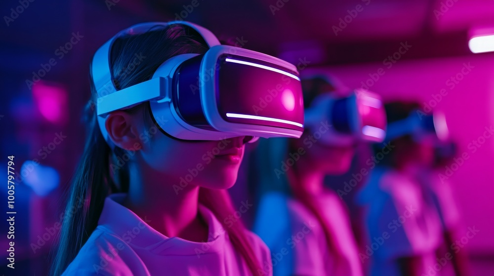 A group of children wearing VR headsets, immersed in a virtual learning experience A group of children wearing VR headsets, immersed in a virtual learning experience