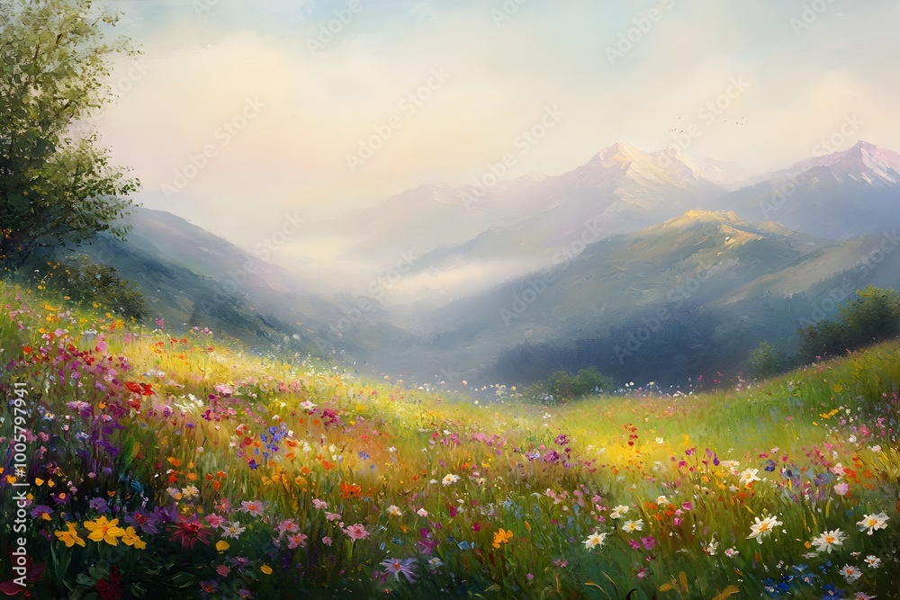 Hazy pastel tinged mountainous landscape with distant peaks shrouded in mist gently sloping meadows dotted with vibrant wildflowers diffused natural lighting creating a soft impressionistic focus