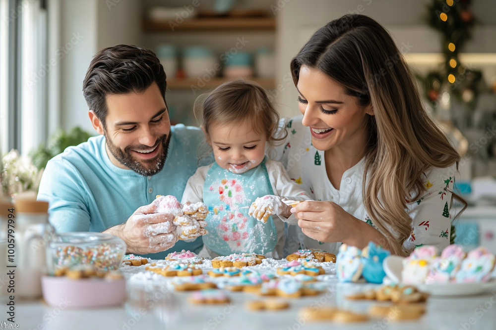 Family having fun baking and decorating holiday cookies in the kitchen Family having fun baking and decorating holiday cookies in the kitchen
