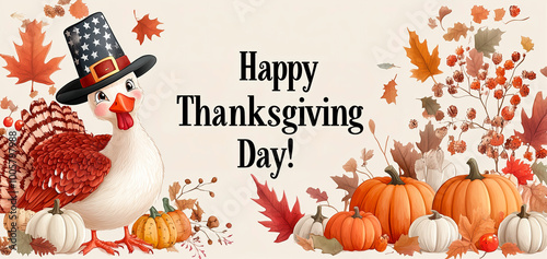 Happy Thanksgiving greeting card with turkey and pumpkins. Illustration