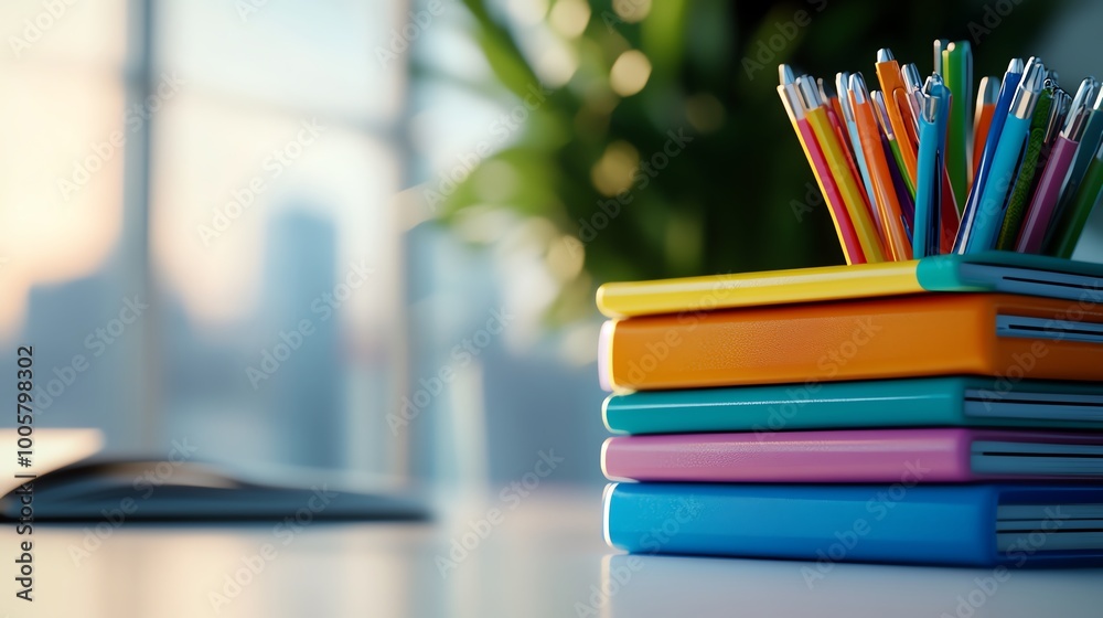 Stack of colorful binders and pens on a clean white desk, 3D illustration Stack of colorful binders and pens on a clean white desk, 3D illustration