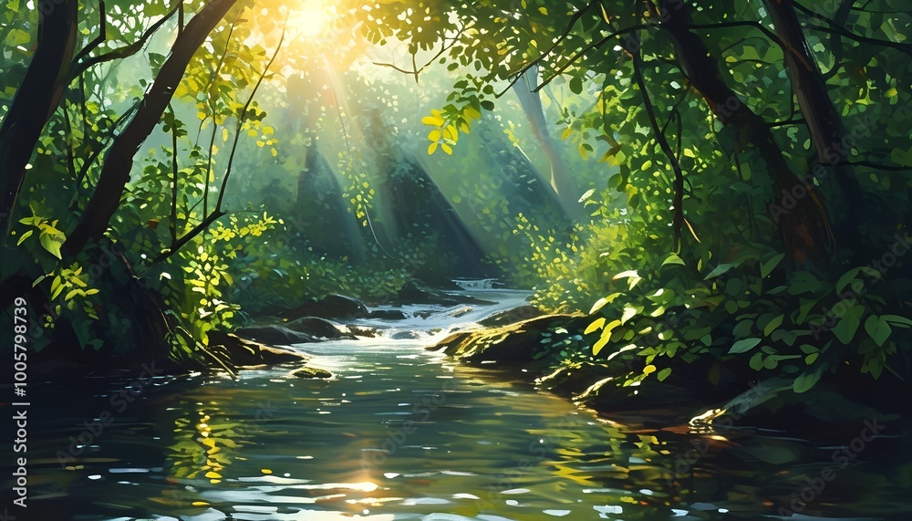 Gentle River Flowing Through a Lush Green Forest Gentle River Flowing Through a Lush Green Forest