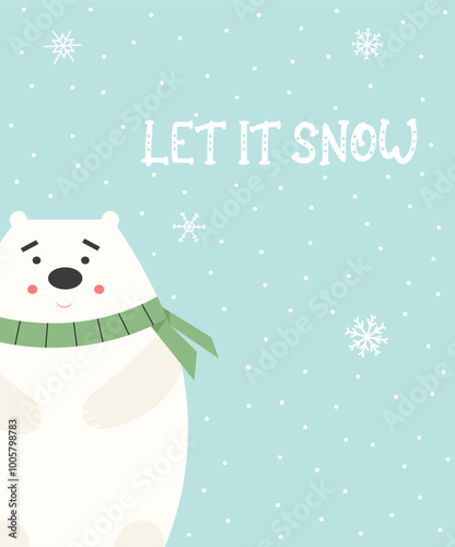 Happy holidays 2024 greeting cards collection. Cute and funny flat Christmas cartoon white bear character postcard with warm wishes. Let it snow