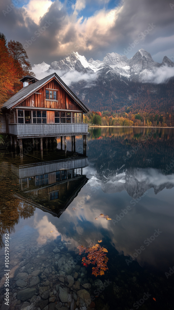Fototapeta premium Idyllic Wooden House on a Mountain Lake