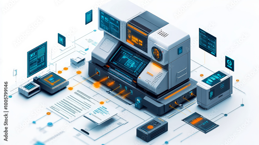 Automated Document Workflow System with AI Integration Depicting Efficient Document Routing and Approval Process in a Modern Business Setting Automated Document Workflow System with AI Integration Depicting Efficient Document Routing and Approval Process in a Modern Business Setting