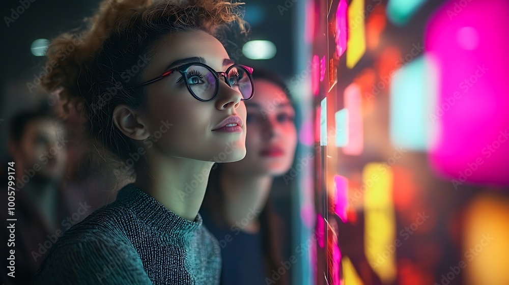 A young woman with glasses is mesmerized by a vibrant digital display in front of her. A young woman with glasses is mesmerized by a vibrant digital display in front of her.