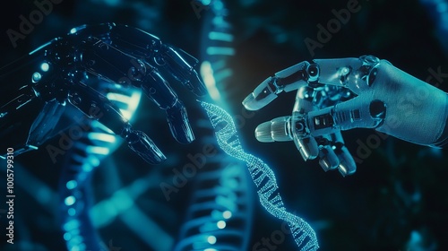 Wallpaper Mural A robot's hand and a human hand reaching out to touch a DNA strand, symbolizing a connection in a virtual interface of the future. Torontodigital.ca