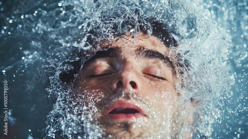 A man is in a bathtub with water splashing all over him. He is looking up at the camera with a relaxed expression