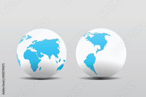 Simple realistic vector 3D globes. Planet Earth with world maps.