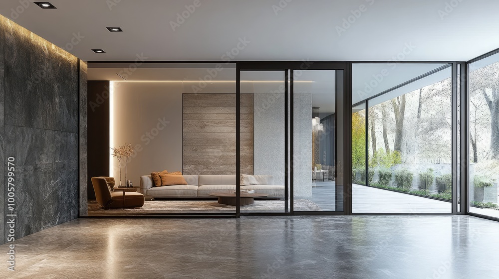 Fototapeta premium Modern living room with large windows. Great for interior design or real estate websites.