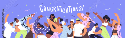 Happy people dance at the party. Crowd celebrates Birthday with flags, confetti, firecrackers. Cheerful friends move by music, have fun at holiday. Banner with congratulation. Flat vector illustration