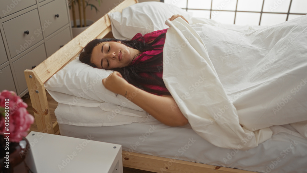 Young woman sleeping in bed with white linens in a cozy bedroom interior with soft lighting and peaceful ambiance. Young woman sleeping in bed with white linens in a cozy bedroom interior with soft lighting and peaceful ambiance.