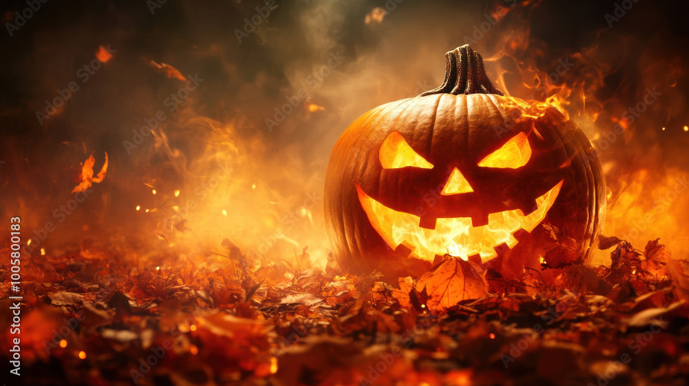 Naklejka premium glowing jack o lantern surrounded by autumn leaves creates spooky Halloween atmosphere. warm orange hues and flickering light evoke sense of festive excitement
