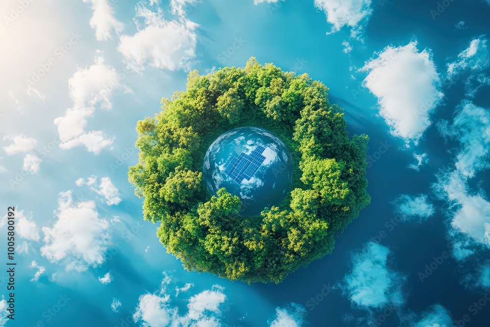 Earth surrounded by a ring of trees, wind turbines, and solar panels, symbolizing sustainability, with bright blue sky above and shimmering oceans below reflecting sunlight. Earth surrounded by a ring of trees, wind turbines, and solar panels, symbolizing sustainability, with bright blue sky above and shimmering oceans below reflecting sunlight.