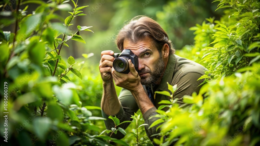 Photographer Capturing Nature's Beauty in Lush Green Forest