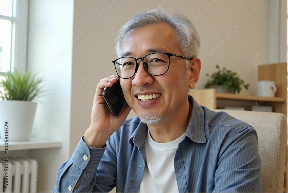 An old man happily talks about business on his mobile phone in the office. An old man happily talks about business on his mobile phone in the office.