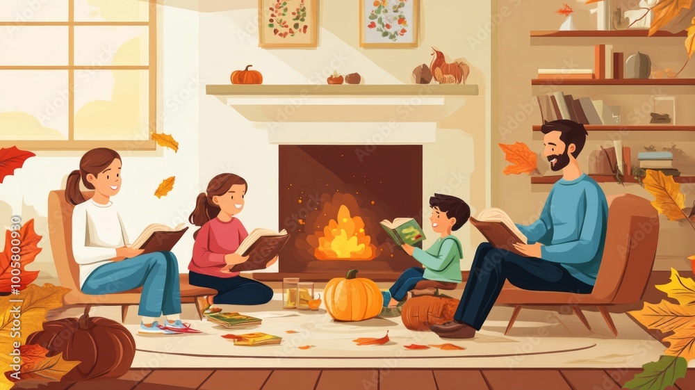 Family Reading by the Fireplace in Autumn Family Reading by the Fireplace in Autumn