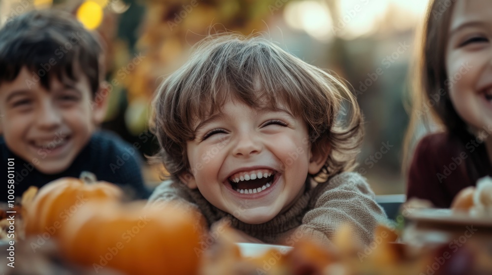 Close-up of children laughing together at the kids' table during Thanksgiving dinner. Close-up of children laughing together at the kids' table during Thanksgiving dinner.