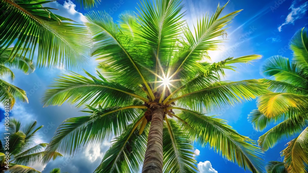 Tall, verdant palm trees reach toward a brilliant blue sky, with sunlight beautifully filtering through their foliage, Tall, verdant palm trees reach toward a brilliant blue sky, with sunlight beautifully filtering through their foliage,