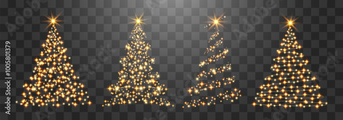 Set of shiny Christmas tree. Glittering lights in the form of a Christmas tree with bright shining and glowing particles. Golden glowing spruce in a luxurious design. Vector on png background