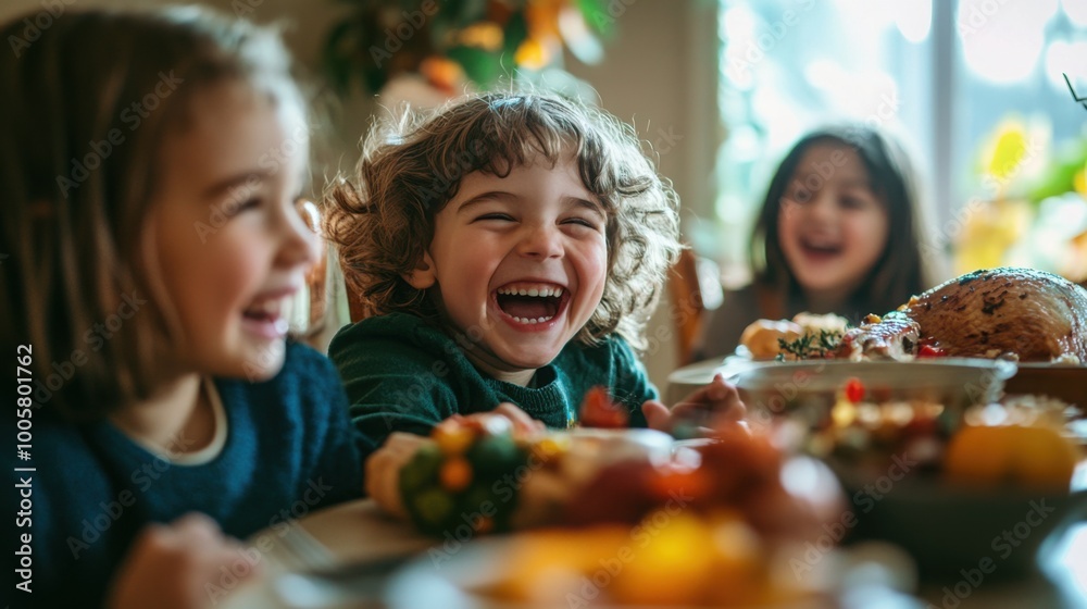 Close-up of children laughing together at the kids' table during Thanksgiving dinner. Close-up of children laughing together at the kids' table during Thanksgiving dinner.