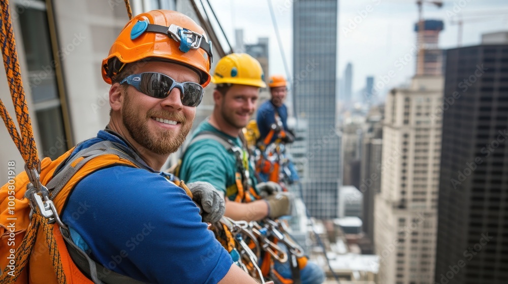 Window washers smiling while working on a skyscraper in an urban setting. Window washers smiling while working on a skyscraper in an urban setting.