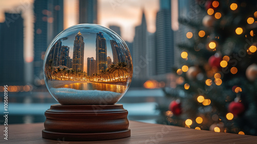summer sunset dubai beach skyscrapers and palm trees in snow globe on wooden table near christmas tree
