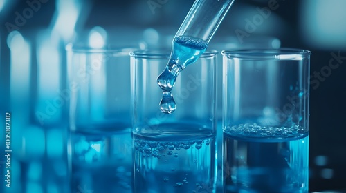 A Blue Liquid Dropping into a Glass Beaker in a Laboratory Setting
