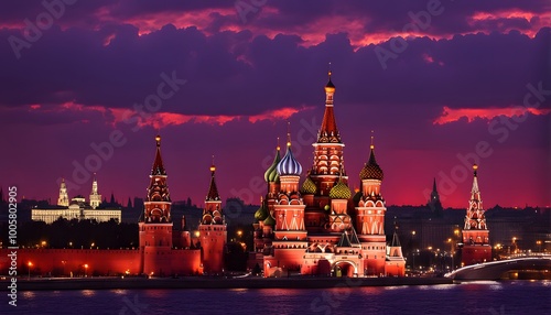 Silhouette of the Moscow skyline with st basils cathedral glowing under a bright red and dark, AI Generated