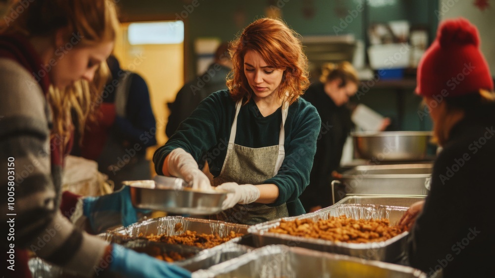 Volunteers Serving Food in a Kitchen Setting Volunteers Serving Food in a Kitchen Setting