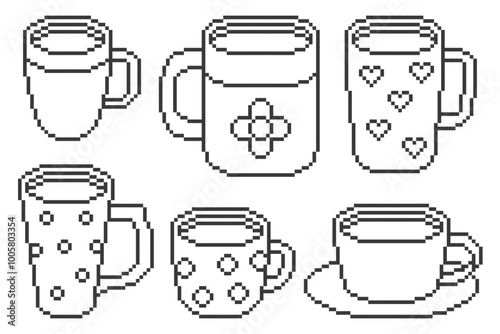Set of Different Coffee Mugs in Pixel Style. Vector illustration